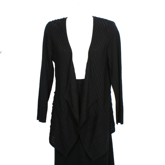 Black Wool Cotton Felt Ladder Pleat Cardigan M